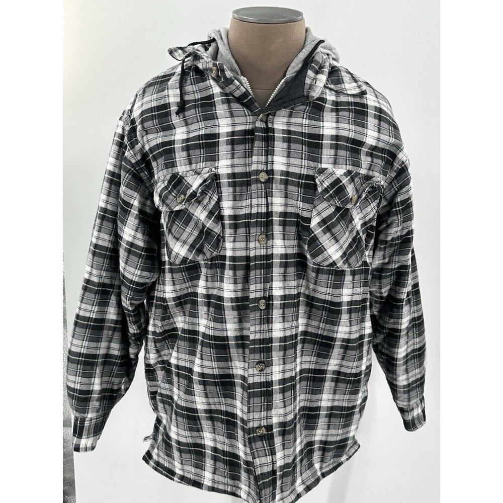 Highland Outfitters Men's Quilted Flannel Shirt Hood Zipper & Button Front Plaid